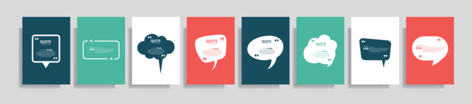 Collection of blank quote frame templates. Text in brackets, empty quote speech bubble, quotation. Text box isolated on color background. Vector illustration