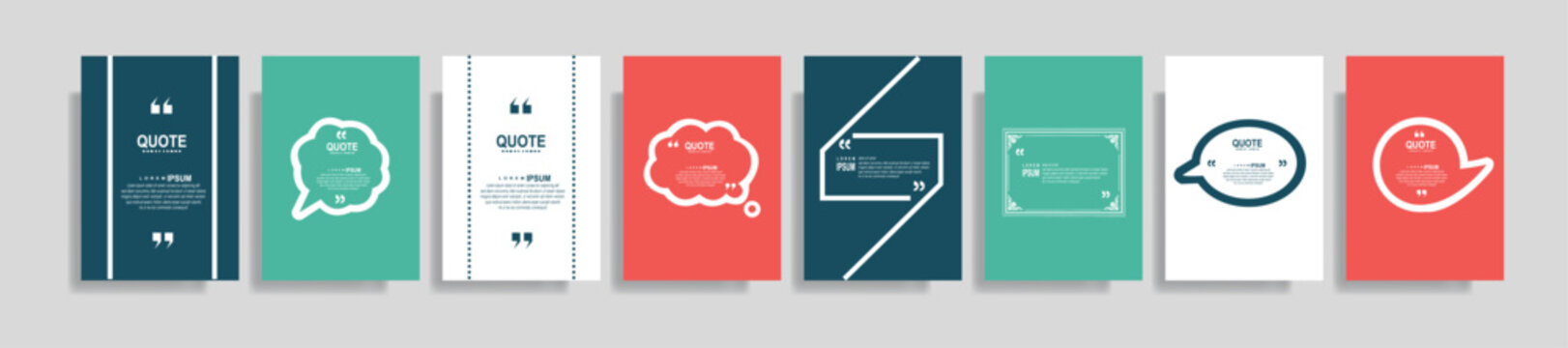 Collection of blank quote frame templates. Text in brackets, empty quote speech bubble, quotation. Text box isolated on color background. Vector illustration