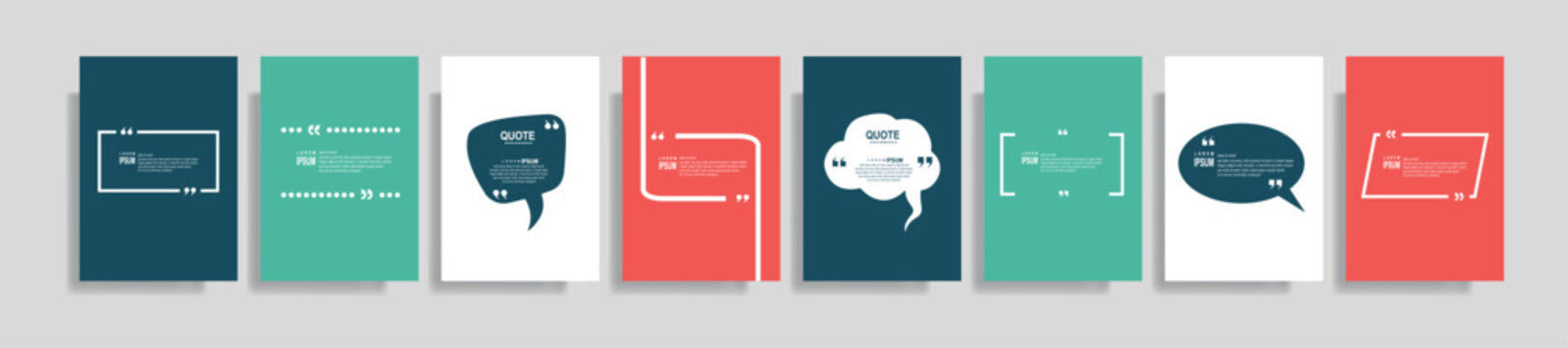 Collection of blank quote frame templates. Text in brackets, empty quote speech bubble, quotation. Text box isolated on color background. Vector illustration