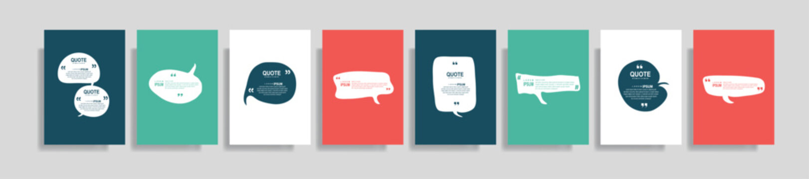 Collection of blank quote frame templates. Text in brackets, empty quote speech bubble, quotation. Text box isolated on color background. Vector illustration