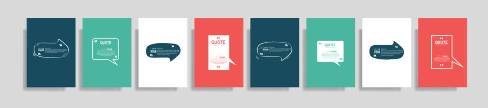 Collection of blank quote frame templates. Text in brackets, empty quote speech bubble, quotation. Text box isolated on color background. Vector illustration