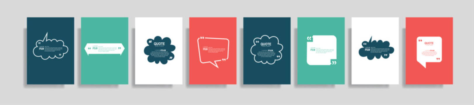 Collection of blank quote frame templates. Text in brackets, empty quote speech bubble, quotation. Text box isolated on color background. Vector illustration