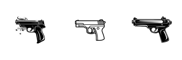 Poster - Collection of simple black and white icons representing various handgun designs with unique features and styles