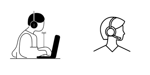 Fototapete - Icon set featuring headset usage and person working on a laptop in a digital workspace