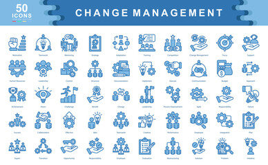 The Change Management blue icon set captures core aspects of transition, leadership, and strategic execution ideal for managing organizational shifts, performance alignment, and employee engagement.