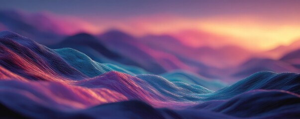 Poster - A digital landscape with flowing wave-like structures in vibrant blue and purple hues under a glowing sunset sky.