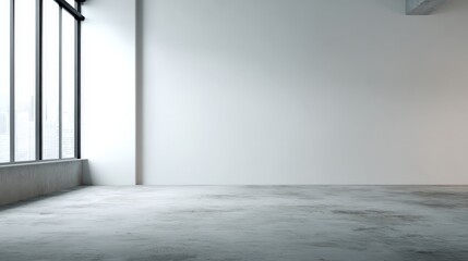 Poster - Empty industrial-style room with large floor-to-ceiling windows and smooth concrete floor under natural light.