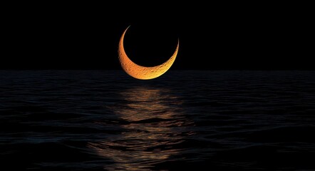 Wall Mural - Celestial Night: Abstract Dreamscape with Crescent Moon Reflecting Over Tranquil Sunset Sea