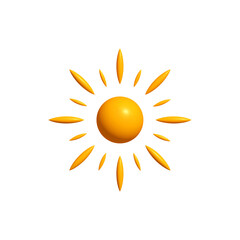 Poster - Bright Sunny 3D Sun Icon with Joyful Rays, Isolated on White Background. Perfect Happy Logo for Kid Projects and Childish Design Concepts. Vector Illustration.