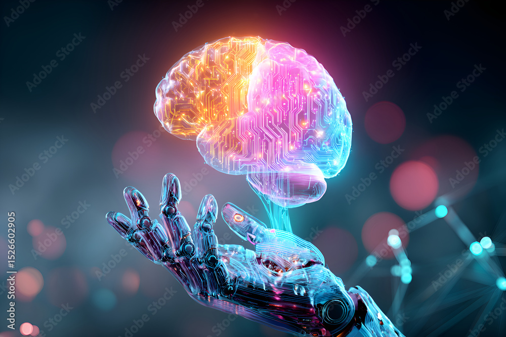 Robotic hand holding glowing digital brain representing artificial ...