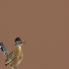 roadrunner on brown background, space for text, fast terrestrial bird portrait