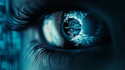 Close-up of digital eye with binary code reflection