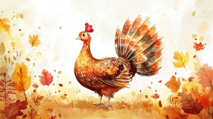 Poster - Chicken displaying tail feathers among autumn leaves in field
