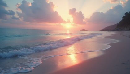 Poster - Serene sunset over calm ocean waves at beach coastline