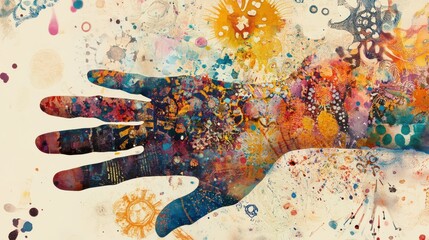 Poster - Adult hand with colorful paint splatters on abstract background