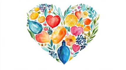 Poster - Heart-shaped arrangement of fruits and flowers with blue bottle