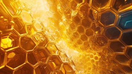 Fototapete - Close-up view of stylized honeycomb structure with golden liquid