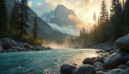 Poster - Majestic river flowing through rocky mountains at sunrise