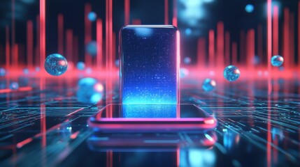 Poster - Smartphone surrounded by glowing spheres in futuristic environment