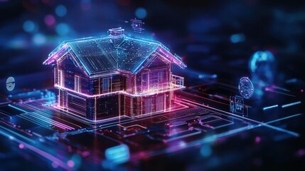Poster - Digital rendering of a glowing house in futuristic environment