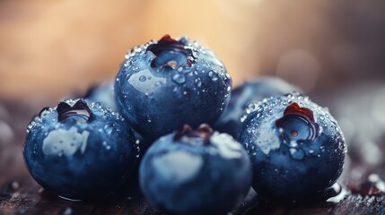 Poster - Close-up of vibrant blueberries covered in water droplets outdoors