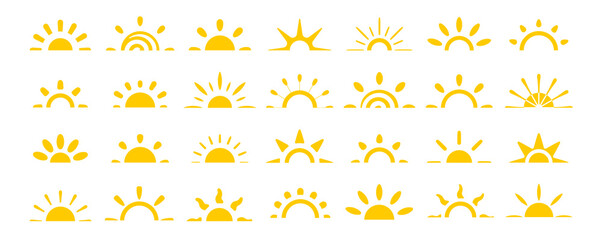 Poster - Half Sun 3D Icon Set with Bright Sunny Style and Playful Rays, Isolated on White. Happy Childish Logos for Vacation, Warm Weather, or Solar Energy Themes. Vector Illustration.