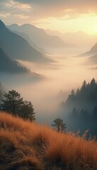 Poster - Foggy Sunrise Over Serene Mountain Valley with Trees and Grass