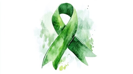 Poster - Green ribbon tied in a bow on white watercolor background