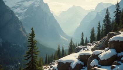 Poster - Snowy mountainous landscape with coniferous trees