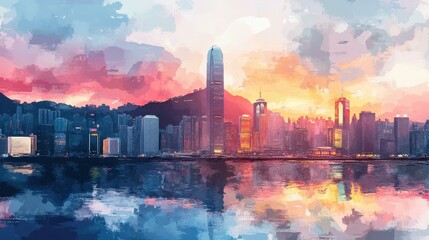 Poster - Cityscape at Sunset with Colorful Reflection in Water