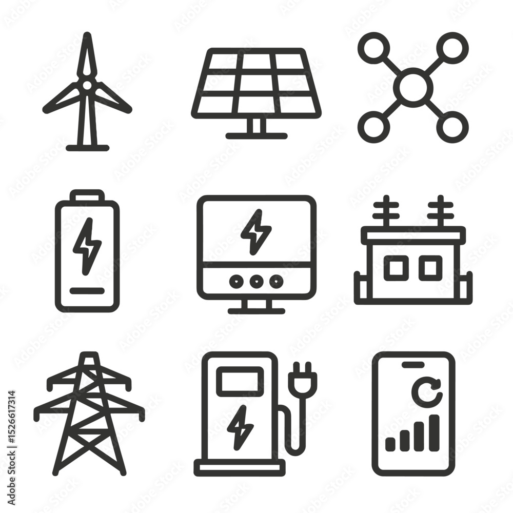 Microgrid Operator Icon Renewable Energy Icons. Outline icon set of renewable energy ...
