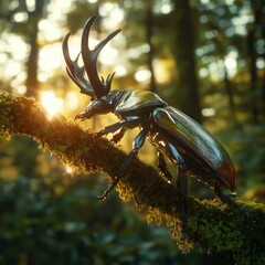 Poster - Stag beetle perching on branch in serene forest sunlight