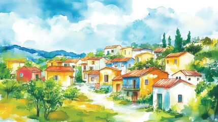 Poster - Colorful hillside village with houses and trees in daylight