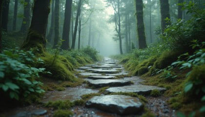 Poster - Serene stone path through misty forest with moss and trees