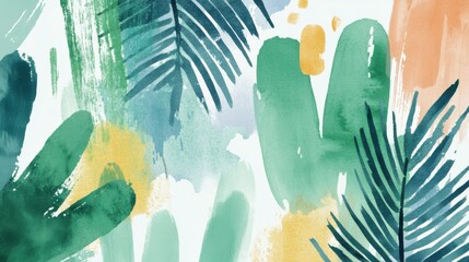 Aufkleber - Vibrant abstract painting with palm leaves and brushstrokes