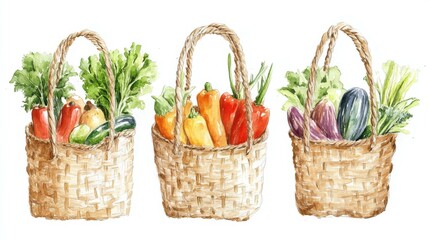 Poster - Three baskets of fresh vegetables on white background