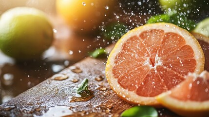 Poster - Fresh grapefruit cut in half with citrus fruits on wooden board