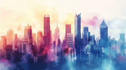 Aufkleber - Colorful cityscape at sunset with diverse architectural styles
