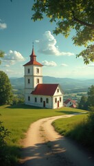 Poster - Serene church on hilltop surrounded by rural landscape