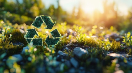 Poster - Recycling symbol made from plants in serene forest setting