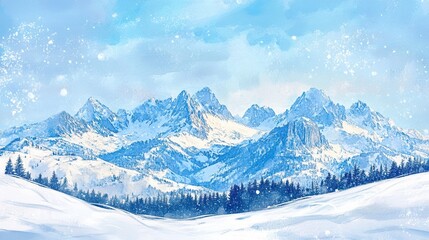 Poster - Snow-covered mountain range with falling snow in winter landscape