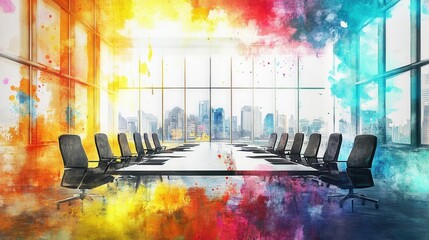 Poster - Modern conference table with twelve chairs in vibrant meeting room
