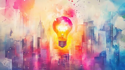 Aufkleber - Glowing lightbulb illuminating vibrant cityscape during daytime