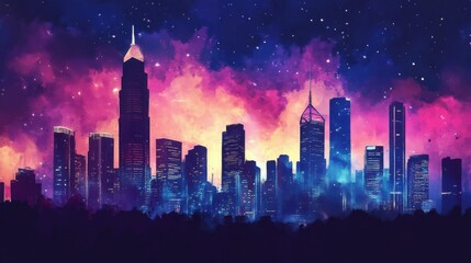 Aufkleber - Vibrant cityscape at nighttime with colorful buildings