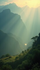 Poster - Majestic mountains and serene river with sunbeams in nature