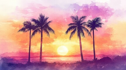 Poster - Silhouetted palm trees against a colorful sunset at beach