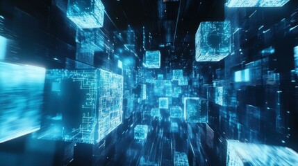 Poster - Numerous glowing cubes in abstract digital cyberspace at night