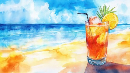 Aufkleber - Iced tea with lemon slice and ice cubes on beach