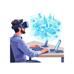 Fototapete - A businessman uses virtual reality technology to design and visualize a futuristic industrial complex showcasing innovative architecture and engineering solutions.