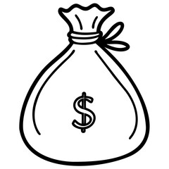 Poster - Illustration of a money bag with a dollar sign in black and white outline style on transparent background